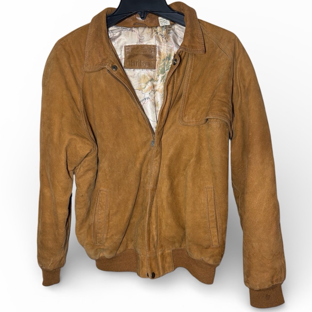 Vtg Marlboro Adventure Team Tan Leather Bomber Jacket Map Lining Small‎ Unisex